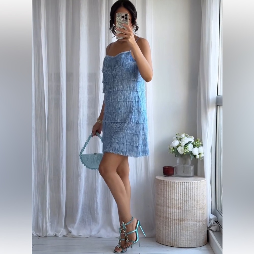Zara Light Blue metallic Fringe Mini Dress - Picture 7 of 16